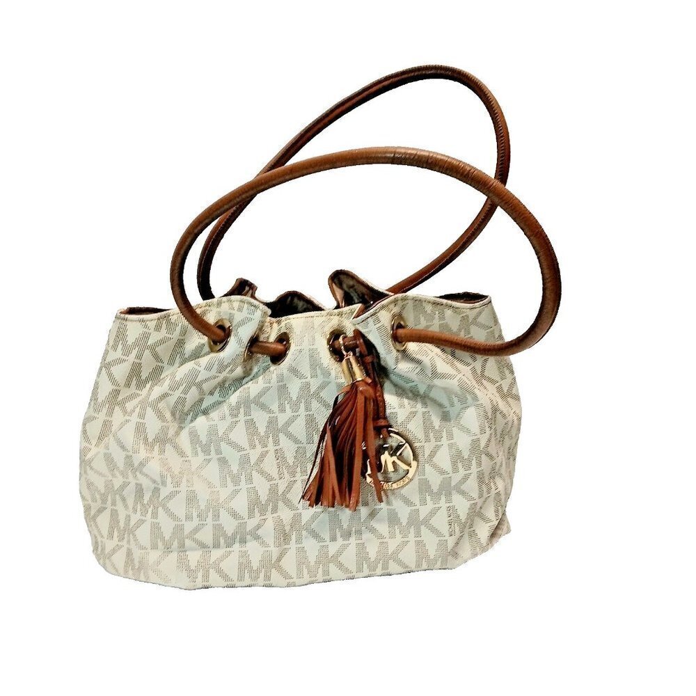 Michael Kors Signature‎ Ring Tote East West Vanilla/Brown Leather Shoulder Bag